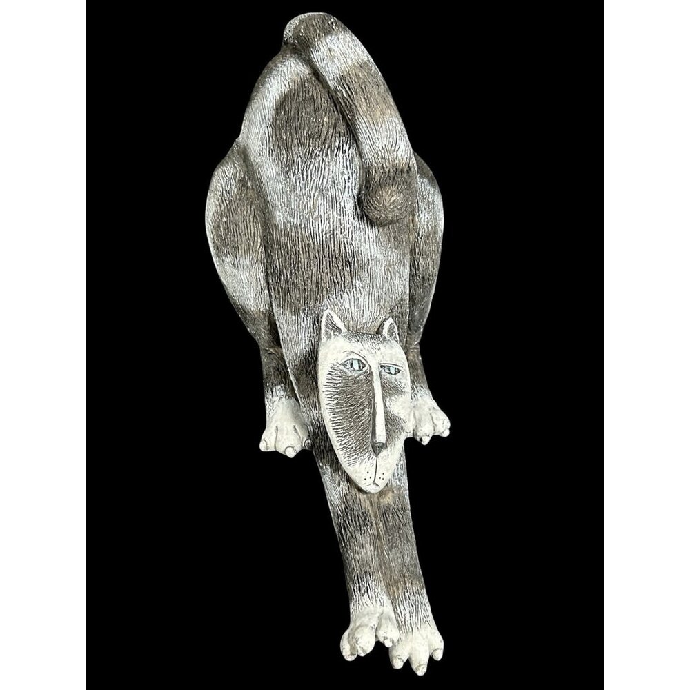 Vtg Marsha McCarthy Signed Stretching Cat Sculpture, 10" Resin Blue Eyes Gray